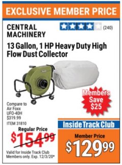Harbor Freight ITC Coupon 13 GALLON INDUSTRIAL PORTABLE DUST COLLECTOR Lot No. 61808/31810 Expired: 12/3/20 - $129.99