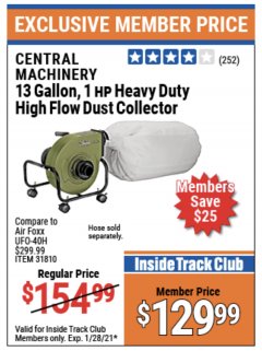 Harbor Freight ITC Coupon 13 GALLON INDUSTRIAL PORTABLE DUST COLLECTOR Lot No. 61808/31810 Expired: 1/28/21 - $129.99