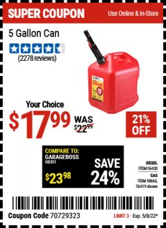 Harbor Freight Coupon 5 GALLON DIESEL/ GAS CAN Lot No. 56420/63481/56419/67997 Expired: 5/8/22 - $17.99