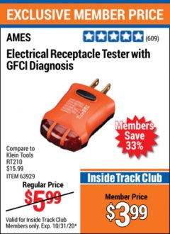 Harbor Freight ITC Coupon AMES INSTRUMENTS ELECTRICAL RECEPTACLE TESTER WITH GFCI DIAGNOSIS Lot No. 63929 Expired: 10/31/20 - $3.99