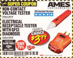 Harbor Freight Coupon AMES INSTRUMENTS ELECTRICAL RECEPTACLE TESTER WITH GFCI DIAGNOSIS Lot No. 63929 Expired: 11/30/19 - $3.99