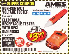 Harbor Freight Coupon NON-CONTACT VOLTAGE TESTER OR ELECTRICAL RECEPTACLE TESTER WITH GFCI DIAGNOSIS Lot No. 63919, 63929 Expired: 11/30/19 - $3.99