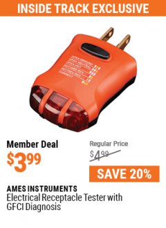 Harbor Freight Coupon AMES INSTRUMENTS ELECTRICAL RECEPTACLE TESTER WITH GFCI DIAGNOSIS Lot No. 63929 Expired: 7/1/21 - $3.99