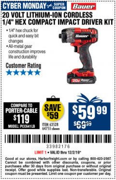 Harbor Freight Coupon 20V LITHIUM-ION 1/4'' HEX COMPACT IMPACT DRIVER KIT Lot No. 63528/64755 Expired: 12/2/19 - $59.99