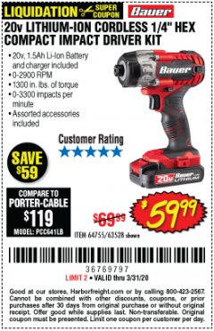 Harbor Freight Coupon 20V LITHIUM-ION 1/4'' HEX COMPACT IMPACT DRIVER KIT Lot No. 63528/64755 Expired: 3/31/20 - $59.99