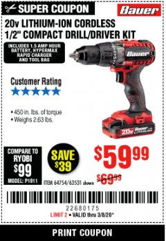 Harbor Freight Coupon 20V LITHIUM-ION 1/4'' HEX COMPACT IMPACT DRIVER KIT Lot No. 63528/64755 Expired: 3/8/20 - $59.99