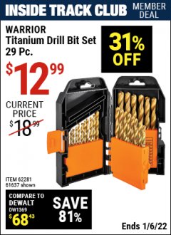 Harbor Freight ITC Coupon WARRIOR 29 PIECE TITANIUM DRILL BIT SET Lot No. 62281/5889/61637 Expired: 1/6/22 - $12.99