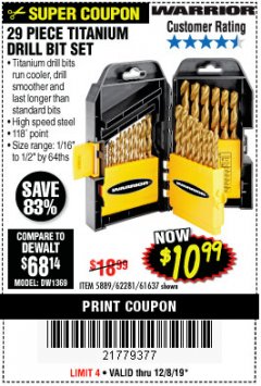 Harbor Freight Coupon WARRIOR 29 PIECE TITANIUM DRILL BIT SET Lot No. 62281/5889/61637 Expired: 12/8/19 - $10.99