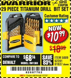 Harbor Freight Coupon WARRIOR 29 PIECE TITANIUM DRILL BIT SET Lot No. 62281/5889/61637 Expired: 1/27/20 - $10.99