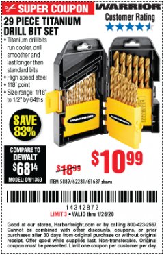 Harbor Freight Coupon WARRIOR 29 PIECE TITANIUM DRILL BIT SET Lot No. 62281/5889/61637 Expired: 1/26/20 - $10.99