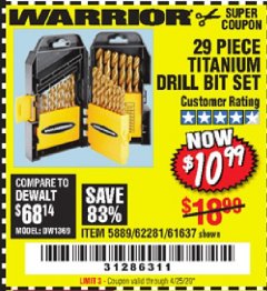 Harbor Freight Coupon WARRIOR 29 PIECE TITANIUM DRILL BIT SET Lot No. 62281/5889/61637 Expired: 6/30/20 - $10.99