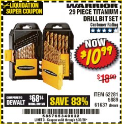 Harbor Freight Coupon WARRIOR 29 PIECE TITANIUM DRILL BIT SET Lot No. 62281/5889/61637 Expired: 6/30/20 - $10.99