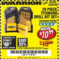 Harbor Freight Coupon WARRIOR 29 PIECE TITANIUM DRILL BIT SET Lot No. 62281/5889/61637 Expired: 6/30/20 - $10.99