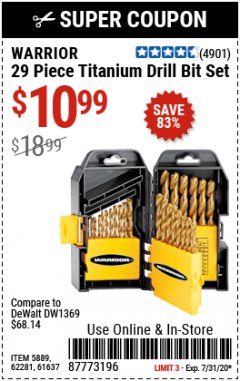 Harbor Freight Coupon WARRIOR 29 PIECE TITANIUM DRILL BIT SET Lot No. 62281/5889/61637 Expired: 7/31/20 - $10.99