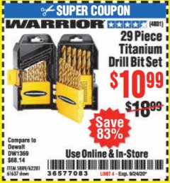 Harbor Freight Coupon WARRIOR 29 PIECE TITANIUM DRILL BIT SET Lot No. 62281/5889/61637 Expired: 9/24/20 - $10.99
