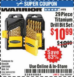 Harbor Freight Coupon WARRIOR 29 PIECE TITANIUM DRILL BIT SET Lot No. 62281/5889/61637 Expired: 9/24/20 - $10.99