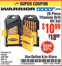 Harbor Freight Coupon WARRIOR 29 PIECE TITANIUM DRILL BIT SET Lot No. 62281/5889/61637 Expired: 11/15/20 - $10.99