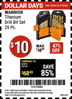 Harbor Freight Coupon WARRIOR 29 PIECE TITANIUM DRILL BIT SET Lot No. 62281/5889/61637 Expired: 2/6/22 - $10