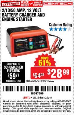 Harbor Freight Coupon CEN-TECH 2/10/50 AMP, 12 VOLT BATTERY CHARGER/ENGINE STARTER Lot No. 60653/3418/60581 Expired: 12/8/19 - $28.99