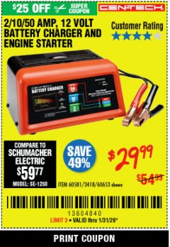 Harbor Freight Coupon CEN-TECH 2/10/50 AMP, 12 VOLT BATTERY CHARGER/ENGINE STARTER Lot No. 60653/3418/60581 Expired: 1/31/20 - $29.99