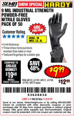 Harbor Freight Coupon 9 MIL POWDER-FREE NITRILE INDUSTRIAL GLOVE PACK OF 50 Lot No. 68510/61742/68511/61744/68512/61743 Expired: 11/24/19 - $9.99