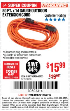 Harbor Freight Coupon VANGUARD 50 FT X 14 GAUGE OUTDOOR EXTENSION CORD Lot No. 41447/62924/62925/62923 Expired: 12/22/19 - $15.99