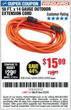 Harbor Freight Coupon VANGUARD 50 FT X 14 GAUGE OUTDOOR EXTENSION CORD Lot No. 41447/62924/62925/62923 Expired: 2/2/20 - $15.99