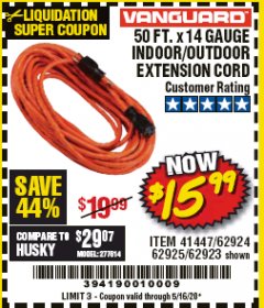 Harbor Freight Coupon VANGUARD 50 FT X 14 GAUGE OUTDOOR EXTENSION CORD Lot No. 41447/62924/62925/62923 Expired: 6/30/20 - $15.99