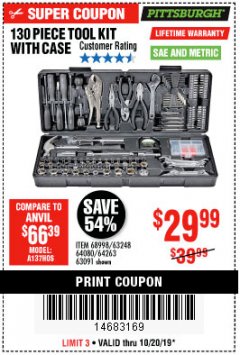 Harbor Freight Coupon PITTSBURGH 130 PIECE TOOL KIT WITH CASE Lot No. 68998/63248/64080/64263/63091 Expired: 10/20/19 - $29.99