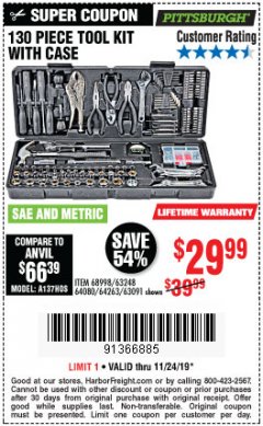 Harbor Freight Coupon PITTSBURGH 130 PIECE TOOL KIT WITH CASE Lot No. 68998/63248/64080/64263/63091 Expired: 11/24/19 - $29.99