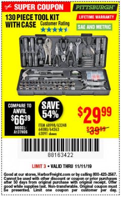 Harbor Freight Coupon PITTSBURGH 130 PIECE TOOL KIT WITH CASE Lot No. 68998/63248/64080/64263/63091 Expired: 11/11/19 - $29.99