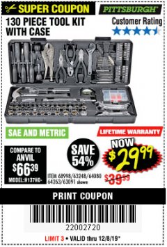 Harbor Freight Coupon PITTSBURGH 130 PIECE TOOL KIT WITH CASE Lot No. 68998/63248/64080/64263/63091 Expired: 12/8/19 - $29.99