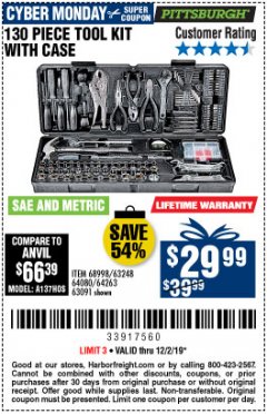 Harbor Freight Coupon PITTSBURGH 130 PIECE TOOL KIT WITH CASE Lot No. 68998/63248/64080/64263/63091 Expired: 12/2/19 - $29.99