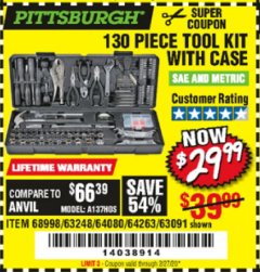Harbor Freight Coupon PITTSBURGH 130 PIECE TOOL KIT WITH CASE Lot No. 68998/63248/64080/64263/63091 Expired: 2/27/20 - $29.99