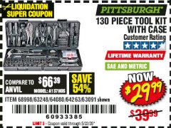 Harbor Freight Coupon PITTSBURGH 130 PIECE TOOL KIT WITH CASE Lot No. 68998/63248/64080/64263/63091 Expired: 6/30/20 - $29.99