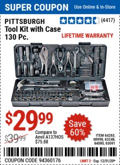Harbor Freight Coupon PITTSBURGH 130 PIECE TOOL KIT WITH CASE Lot No. 68998/63248/64080/64263/63091 Expired: 12/31/20 - $29.99