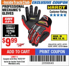 Harbor Freight ITC Coupon HARDY PROFESSIONAL MECHANIC'S GLOVES Lot No. 62524/64731/62525/56249/64947/62526 Expired: 10/22/19 - $9.99