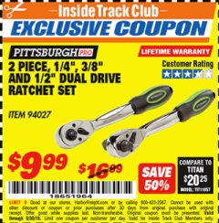 Harbor Freight ITC Coupon 2 PIECE 1/4", 3/8", 1/2" DUAL DRIVE RATCHET SET Lot No. 94027 Expired: 9/30/18 - $9.99