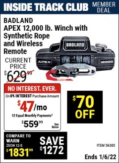 Harbor Freight ITC Coupon BADLAND APEX 12,000 LB. TRUCK/SUV WINCH Lot No. 56385 Expired: 1/6/22 - $559.99