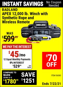 Harbor Freight Coupon BADLAND APEX 12,000 LB. TRUCK/SUV WINCH Lot No. 56385 Expired: 7/22/21 - $529.99