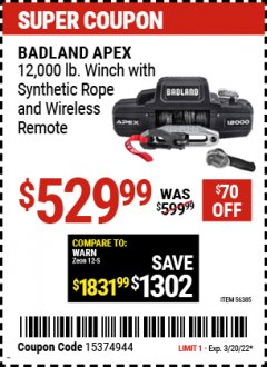 Harbor Freight Coupon BADLAND APEX 12,000 LB. TRUCK/SUV WINCH Lot No. 56385 Expired: 1/6/22 - $529.99
