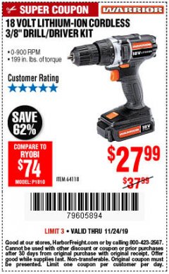 Harbor Freight Coupon 18 VOLT LITHIUM-ION CORDLESS 3/8” DRILL/DRIVER KIT Lot No. 64118 Expired: 11/24/19 - $27.99