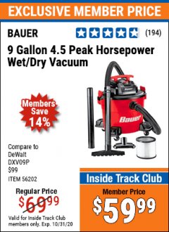 Harbor Freight ITC Coupon BAUER 9 GALLON, 4.5 PEAK HP WET/DRY VACUUM Lot No. 56202 Expired: 10/31/20 - $59.99