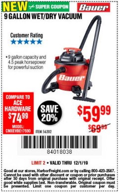 Harbor Freight Coupon BAUER 9 GALLON, 4.5 PEAK HP WET/DRY VACUUM Lot No. 56202 Expired: 12/1/19 - $59.99