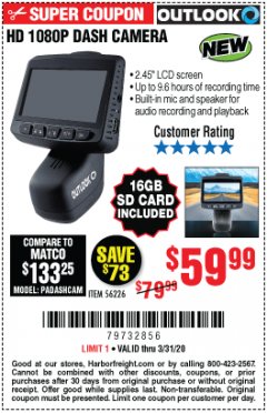Harbor Freight Coupon OUTLOOK HD 1080P DASH CAMERA  Lot No. 56226 Expired: 6/30/20 - $59.99