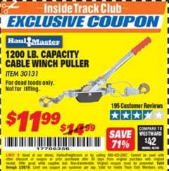 Harbor Freight ITC Coupon 1200 LB. CAPACITY CABLE WINCH PULLER Lot No. 30131 Expired: 2/28/19 - $11.99