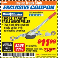 Harbor Freight ITC Coupon 1200 LB. CAPACITY CABLE WINCH PULLER Lot No. 30131 Expired: 1/31/20 - $11.99