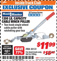 Harbor Freight ITC Coupon 1200 LB. CAPACITY CABLE WINCH PULLER Lot No. 30131 Expired: 6/30/20 - $11.99