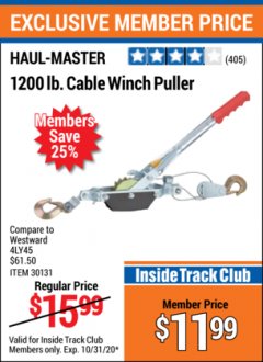 Harbor Freight ITC Coupon 1200 LB. CAPACITY CABLE WINCH PULLER Lot No. 30131 Expired: 10/31/20 - $11.99