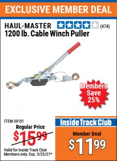Harbor Freight ITC Coupon 1200 LB. CAPACITY CABLE WINCH PULLER Lot No. 30131 Expired: 3/25/21 - $11.99